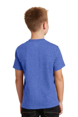 A boy's blue cotton t-shirt with short sleeves, shown from the back. The shirt features a logo on the back.