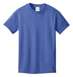 A blue youth t-shirt with a classic crew neck and short sleeves, featuring a logo.
