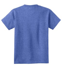 A blue youth t-shirt with short sleeves and a plain back, featuring a logo on the garment.