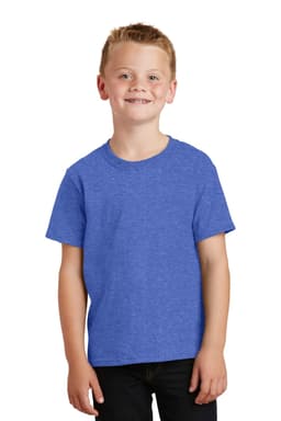 A blue youth t-shirt featuring short sleeves, displayed on a child with a smile. The shirt has a logo.