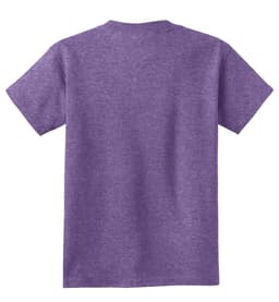 A purple youth t-shirt with short sleeves, featuring a plain back and a logo.