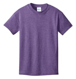 A purple youth t-shirt featuring short sleeves and a round neckline, with a logo on the label.