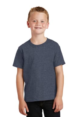 A youth navy blue cotton T-shirt with short sleeves and a round neck, featuring a branding logo.