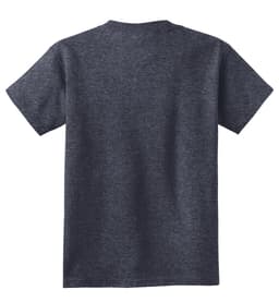 A youth t-shirt in a dark grey colour, featuring a simple design on the back and a logo.