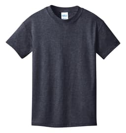 A dark grey youth cotton T-shirt with short sleeves and a crew neck. It has a logo on the label.