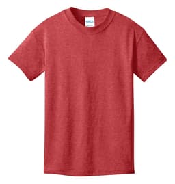 A red youth t-shirt featuring short sleeves and a round neck, with a logo on the label.