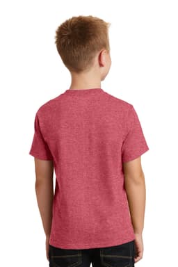A youth t-shirt in a heather red colour, featuring a simple design and short sleeves. It has a logo on the back.