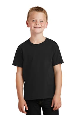 A youth wearing a black cotton T-shirt with short sleeves, featuring a logo on the front.