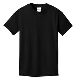 A black Youth Core Cotton Tee with a round neckline and short sleeves, featuring a branding logo.