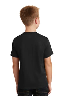 A black youth t-shirt is displayed, featuring a simple design and short sleeves, viewed from the back.