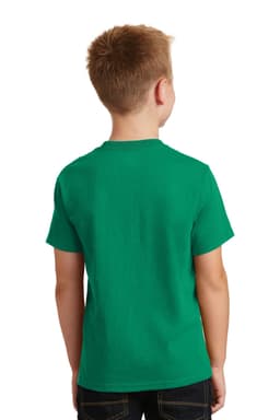 A green youth t-shirt, featuring a plain back design and short sleeves. It has a logo on the label.