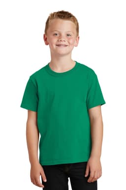 A green youth t-shirt displayed on a smiling child, featuring short sleeves and a classic fit.