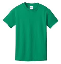 A green youth t-shirt made from cotton with a circular neckline and short sleeves. Includes a logo tag.