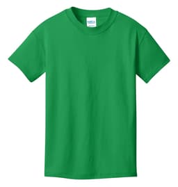 A green youth cotton T-shirt with a crew neckline and short sleeves. It features a logo on the label.