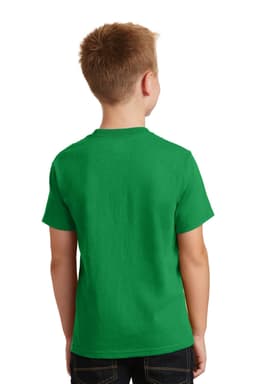 A green youth cotton t-shirt, featuring a standard crew neck and short sleeves, viewed from the back.