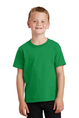 A green youth t-shirt displayed on a smiling child, featuring a blank front and no visible logos.