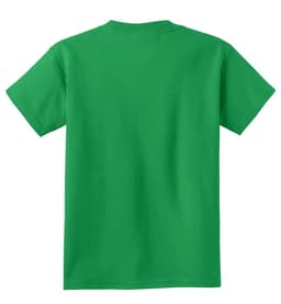 A green youth t-shirt featuring a plain back design with short sleeves. It has a logo present.