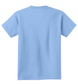 A light blue youth cotton t-shirt with short sleeves and a plain back. Features a logo on the label.