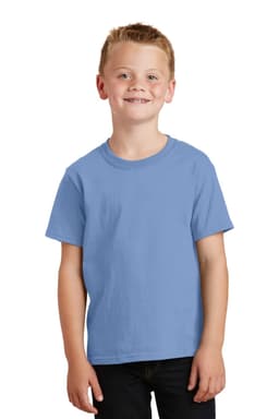 A youth light blue t-shirt with short sleeves and a round neckline. The shirt features a logo.