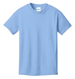 A light blue youth T-shirt with a round neckline and short sleeves, featuring a logo.