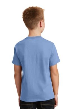 A blue youth t-shirt with short sleeves, featuring a back view. The shirt has a logo.