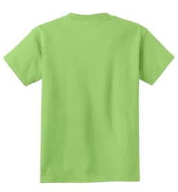 A youth t-shirt in a bright lime green colour, featuring a plain back and a logo.