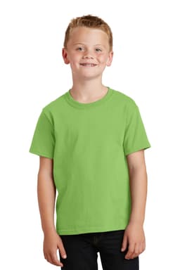 A youth t-shirt in vibrant green, featuring a classic crew neckline and short sleeves, worn by a smiling child.