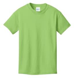 A bright green youth t-shirt with short sleeves and a brand logo.