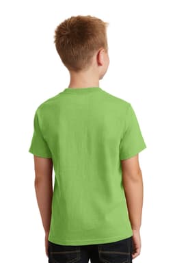 A youth t-shirt in bright green, featuring a simple design and a logo on the back.