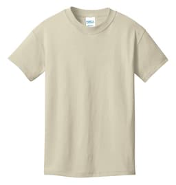 A light beige youth T-shirt made of cotton, featuring a crew neck and short sleeves. It has a branding label.