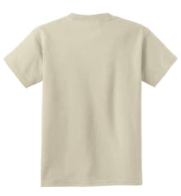 A light beige youth t-shirt with short sleeves and a plain back, featuring a logo on the front.