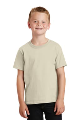 A youth-sized t-shirt in a light beige colour, featuring short sleeves and a simple design.
