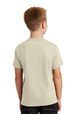 A youth T-shirt in light grey, featuring a plain back design and a logo on the side.
