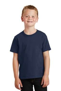 A navy blue youth cotton t-shirt featuring a round neckline and short sleeves, displayed on a child.