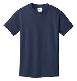 A navy blue youth cotton t-shirt with short sleeves and a round neckline, featuring a logo.