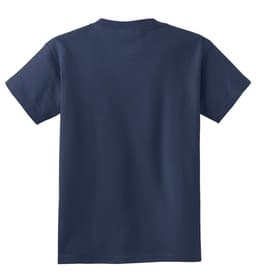 A navy blue youth t-shirt featuring a simple design and a brand logo on the back.