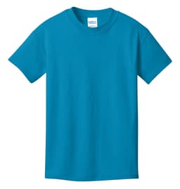 A turquoise youth t-shirt with a crew neck, short sleeves, and a brand logo on the label.