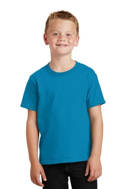 A youth t-shirt in bright blue, featuring a classic crew neckline and short sleeves. It has a logo on the front.