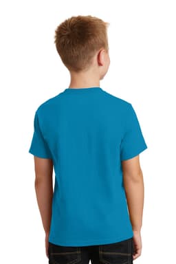 A blue Youth Core Cotton Tee from Port & Company, featuring a simple design and no visible branding on the back.