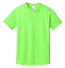 A bright green youth T-shirt featuring short sleeves and a crew neckline, with a logo on the label.