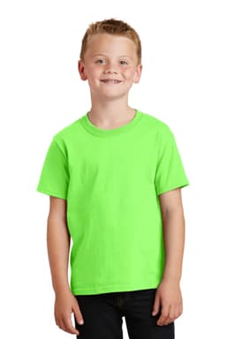 A youth t-shirt in bright green featuring a simple design and short sleeves. It has a logo on the front.