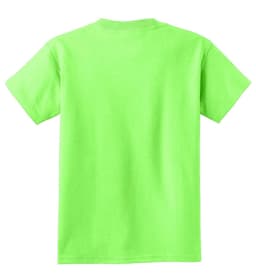 A vibrant green youth t-shirt with short sleeves and a plain back, featuring a logo.