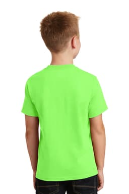 A youth t-shirt in bright lime green, featuring a crew neck and short sleeves, viewed from the back.