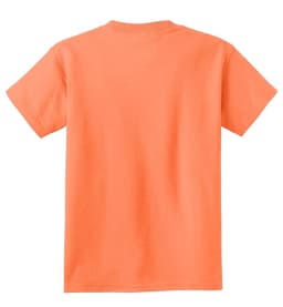 A youth t-shirt in a bright orange colour, featuring a plain back and short sleeves, with a logo on the back.