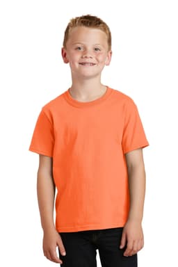 A youth t-shirt in vibrant orange, displayed by a smiling child. It features a standard crew neck design.