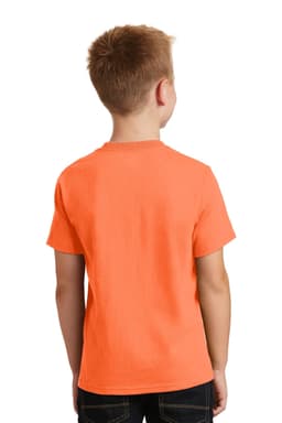 A youth t-shirt in bright orange, featuring a plain back and short sleeves. It includes a logo on the garment.