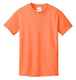 An orange youth t-shirt with a round neckline and short sleeves, featuring a logo on the label.