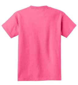 A pink youth t-shirt featuring a plain back design and short sleeves. It has a logo on the neck label.