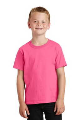 A youth t-shirt in bright pink, featuring a classic crew neck and short sleeves. It has a logo on it.