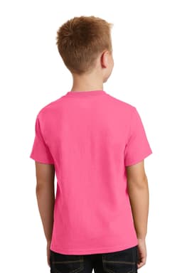 A youth t-shirt in bright pink, featuring a simple design and short sleeves, viewed from the back.